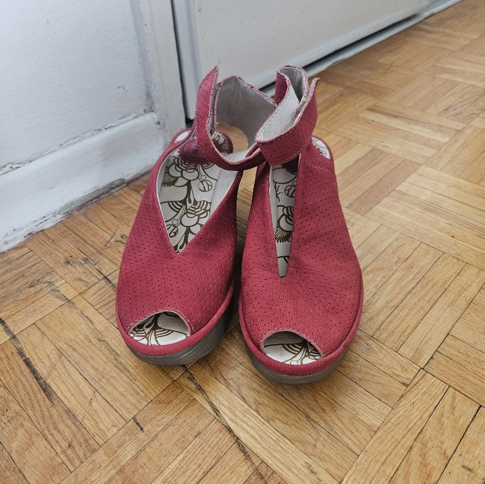 Red Wedge Platform Shoes, Sandals By Fly London. Size 7, Eu 37